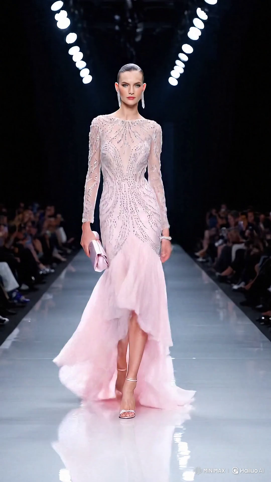 Russian Model in Glittering Organza Evening Gown on Runway