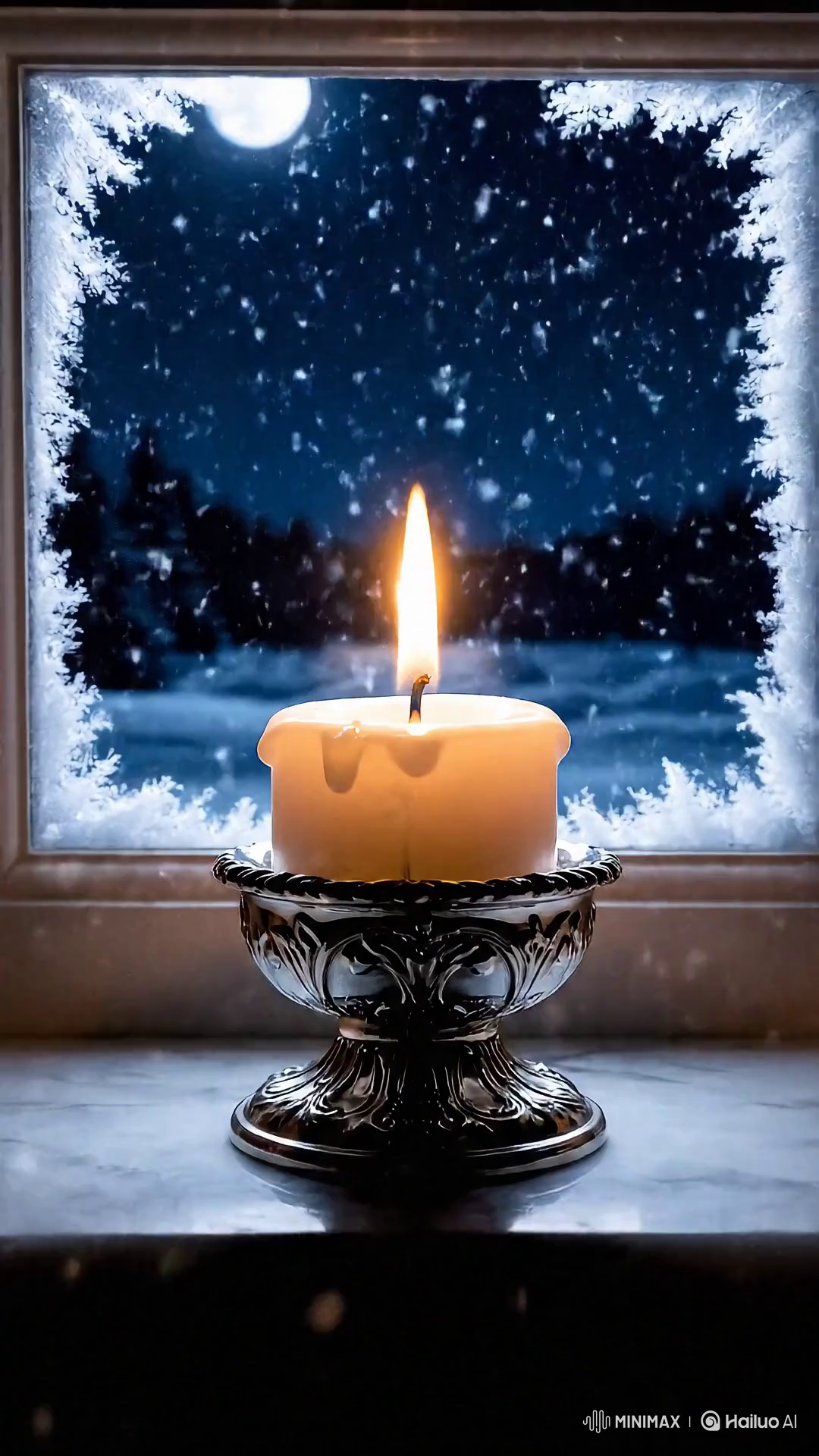 Elegant Candlelit Windowsill in a Winter Night's Glow