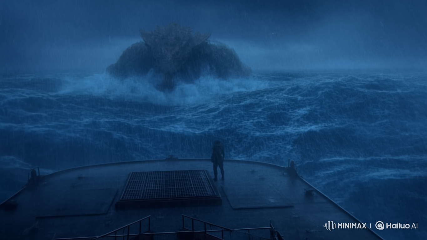Stormy Confrontation: Giant Warrior vs. Sea Creature