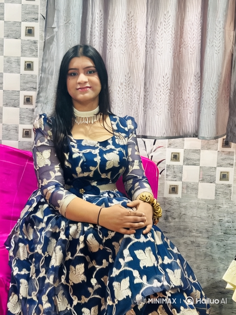 Young Woman in Royal Blue Gown with Graceful Pose