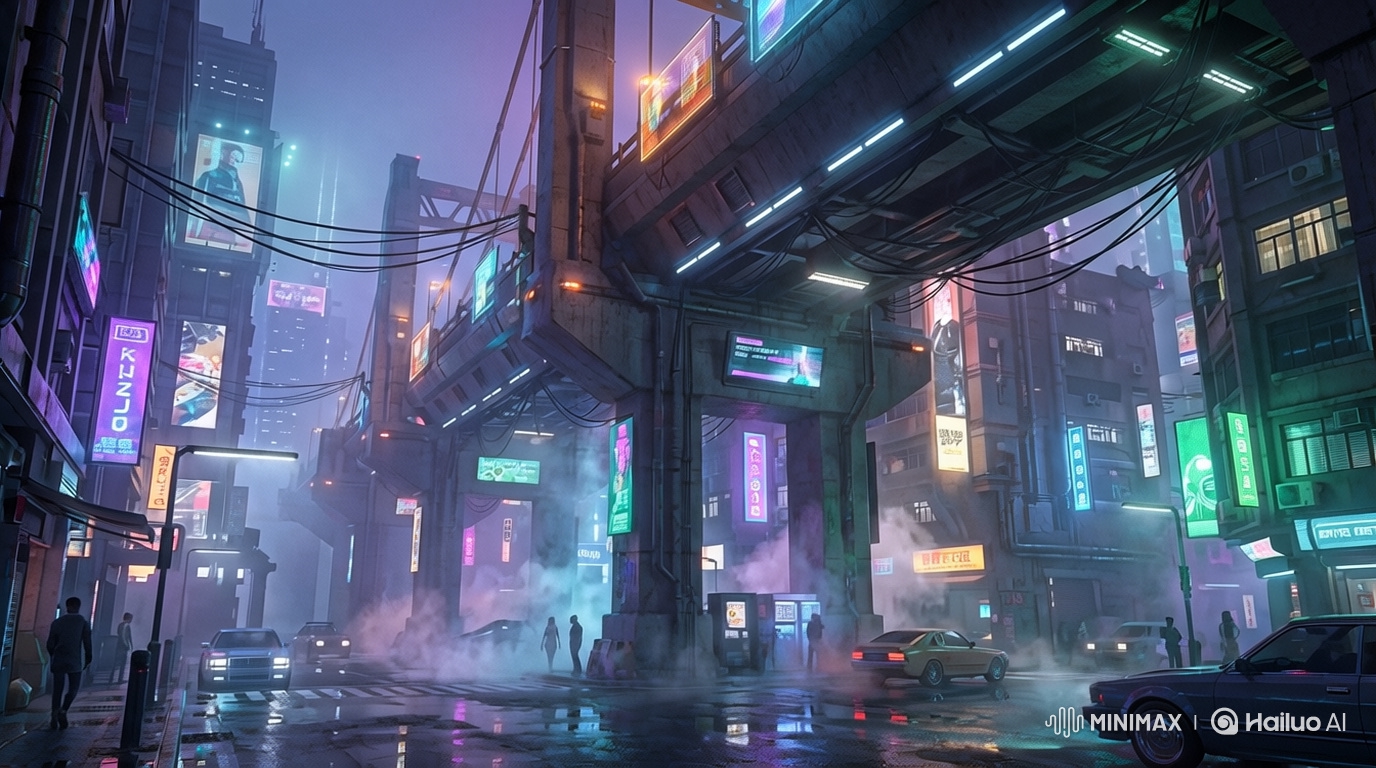 Cyberpunk City Street at Night: Rainy Panorama