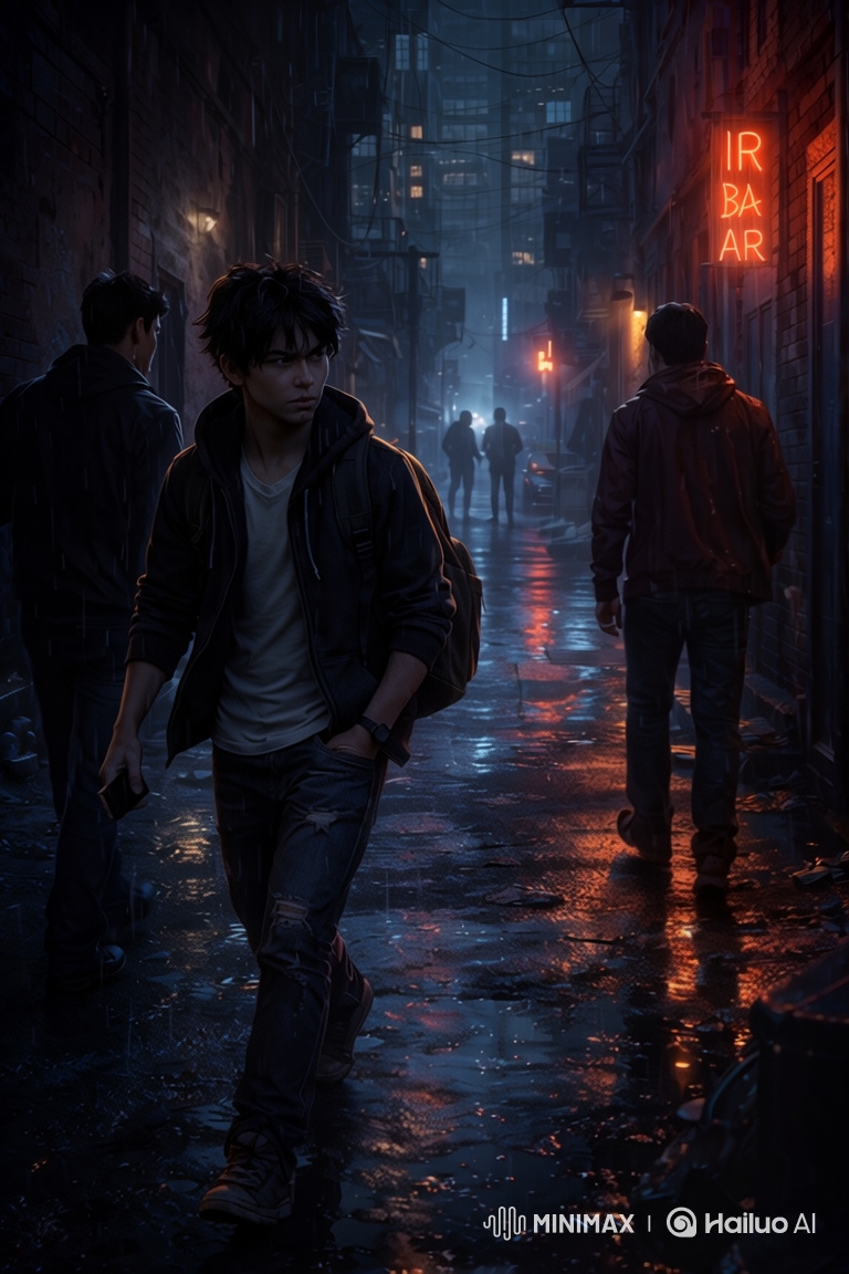 Rainy Alley Encounter: Young Man's Tense Journey