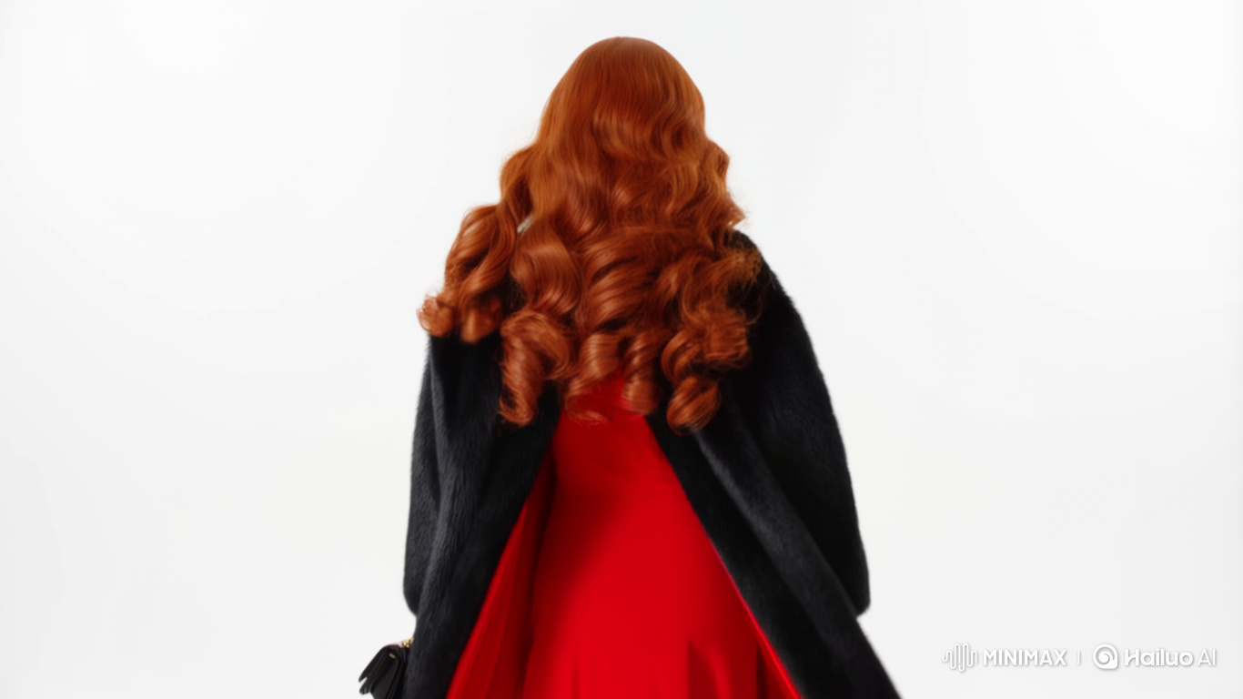 High-Fashion Woman in Red Dress Turns to Camera