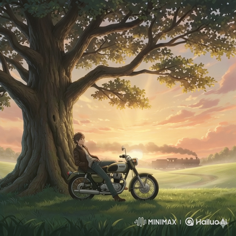 Cinematic Sunset: Man, Bike, Tree, & Distant Train