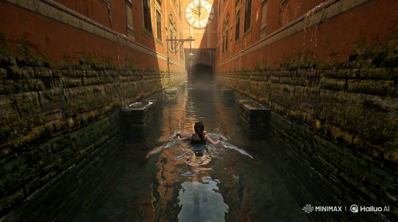 Lara Croft's Cinematic Swim to Dark Tunnel