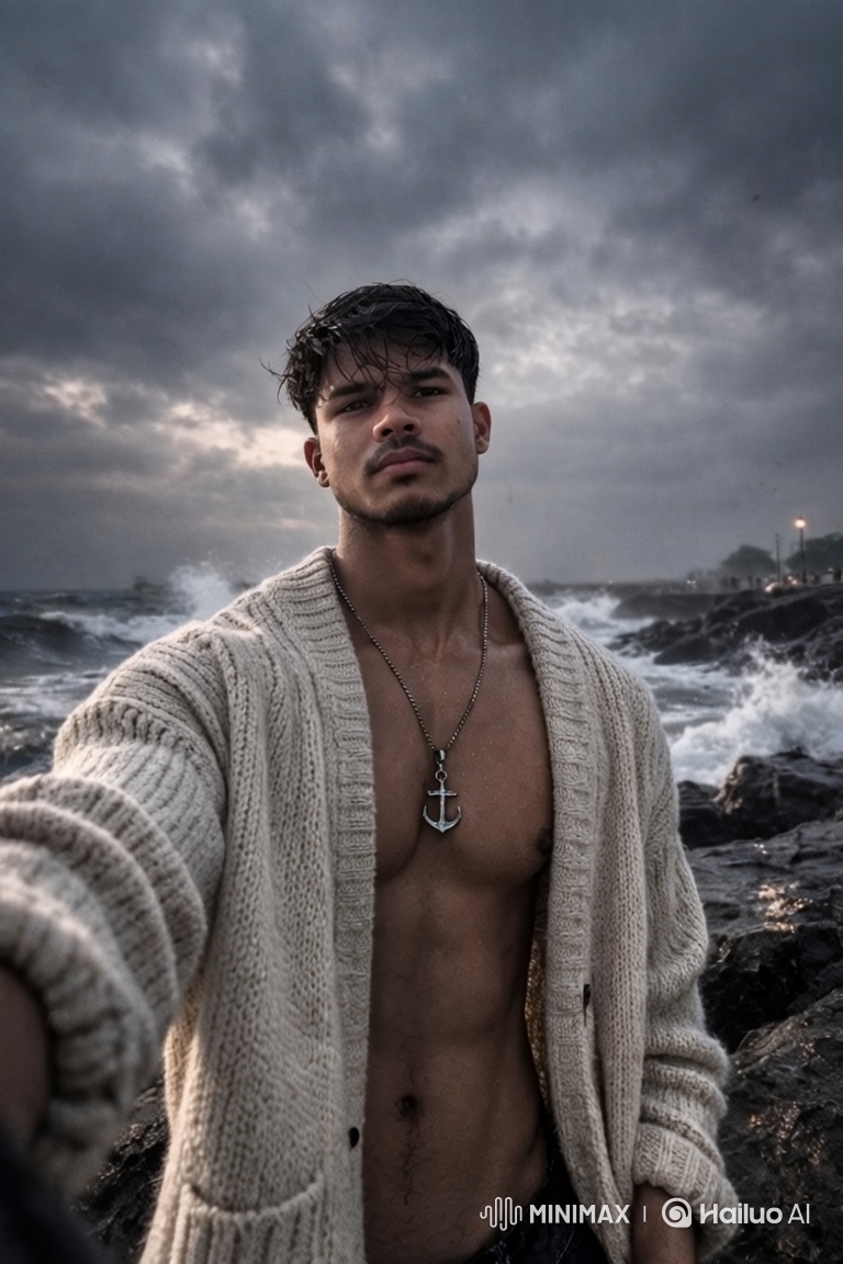 Cinematic Slow-Mo: Stormy Seashore Selfie
