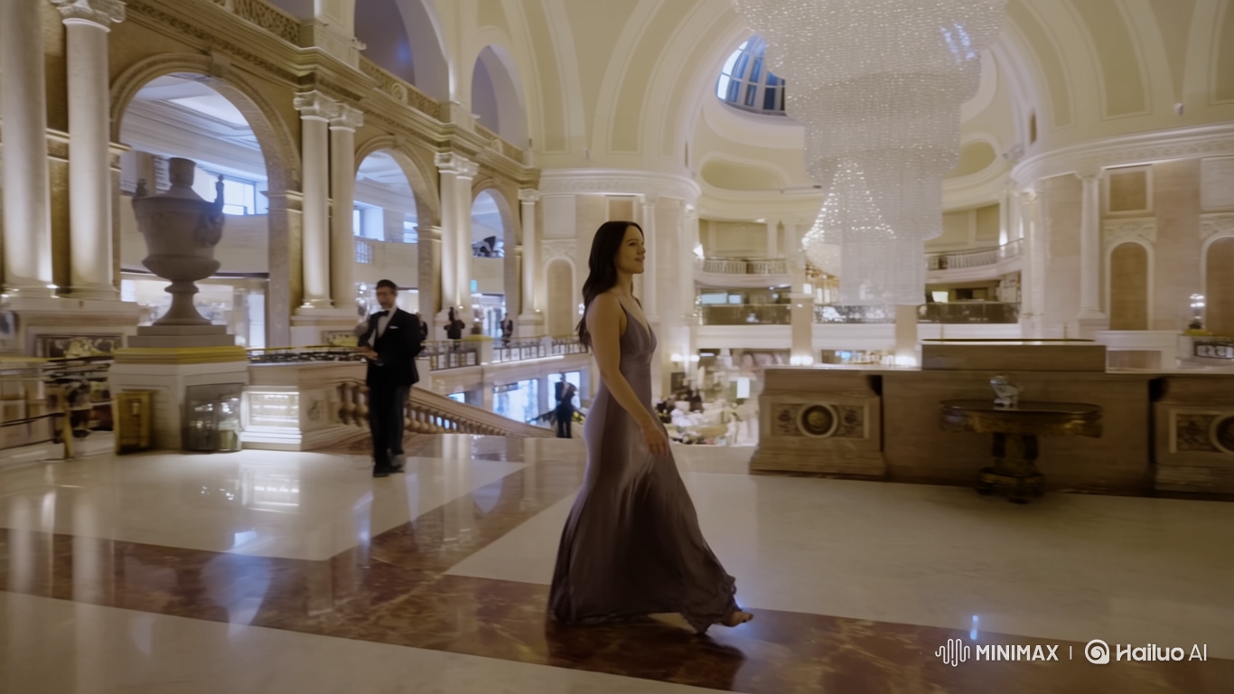 Woman in gown glides through grand hotel