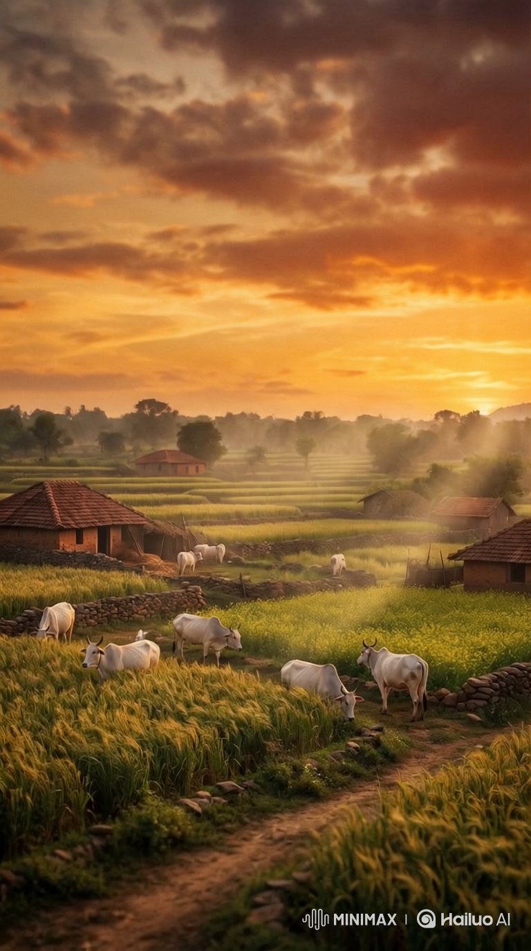 Cinematic Golden Sunset Over Indian Farmland