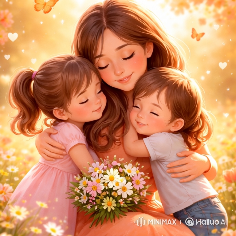 Golden Hour Embrace: Mother, Kids, and Wildflowers