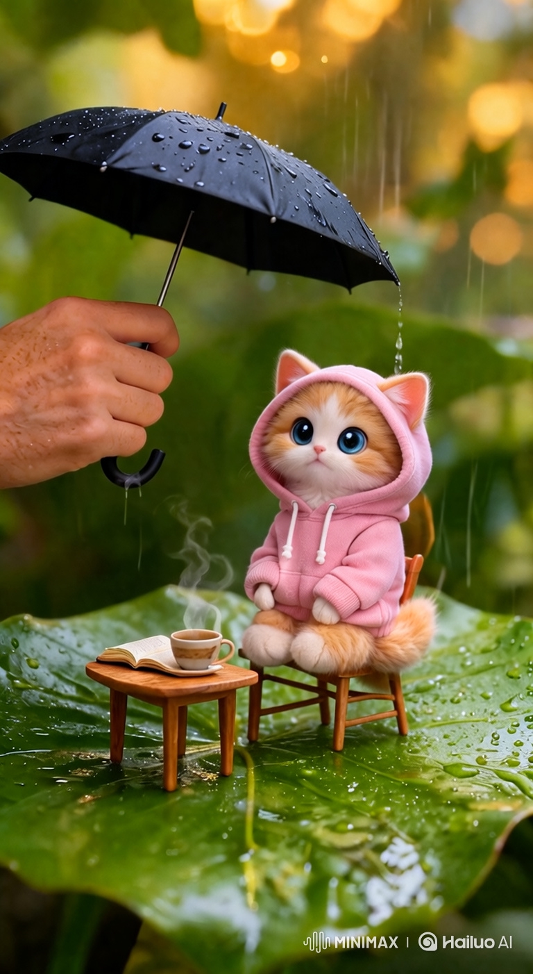 Ultra-Realistic Macro: Kitten's Rainy Tea