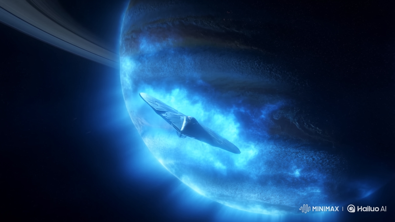 Sleek Spaceship Exits Neon Nebula by Saturn